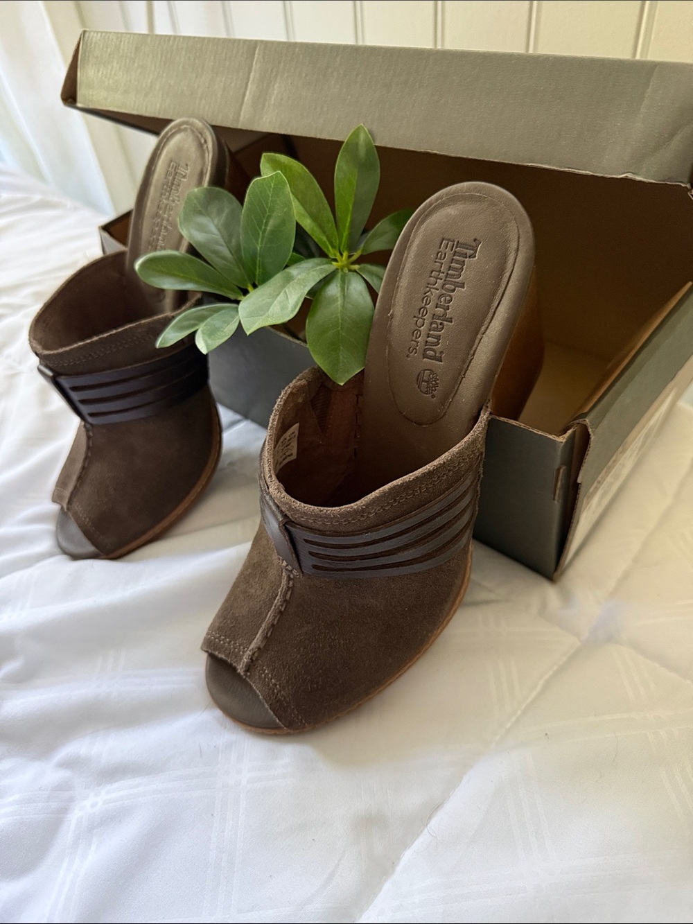Timberland Brown Suede Peep-Toe Mule with Elastic Band